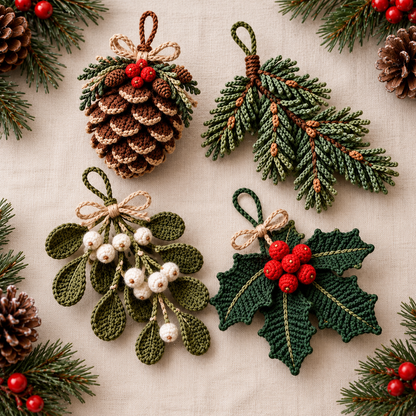 Christmas Crochet Ornament Pattern Bundle PDF – Pinecone, Holly & Mistletoe