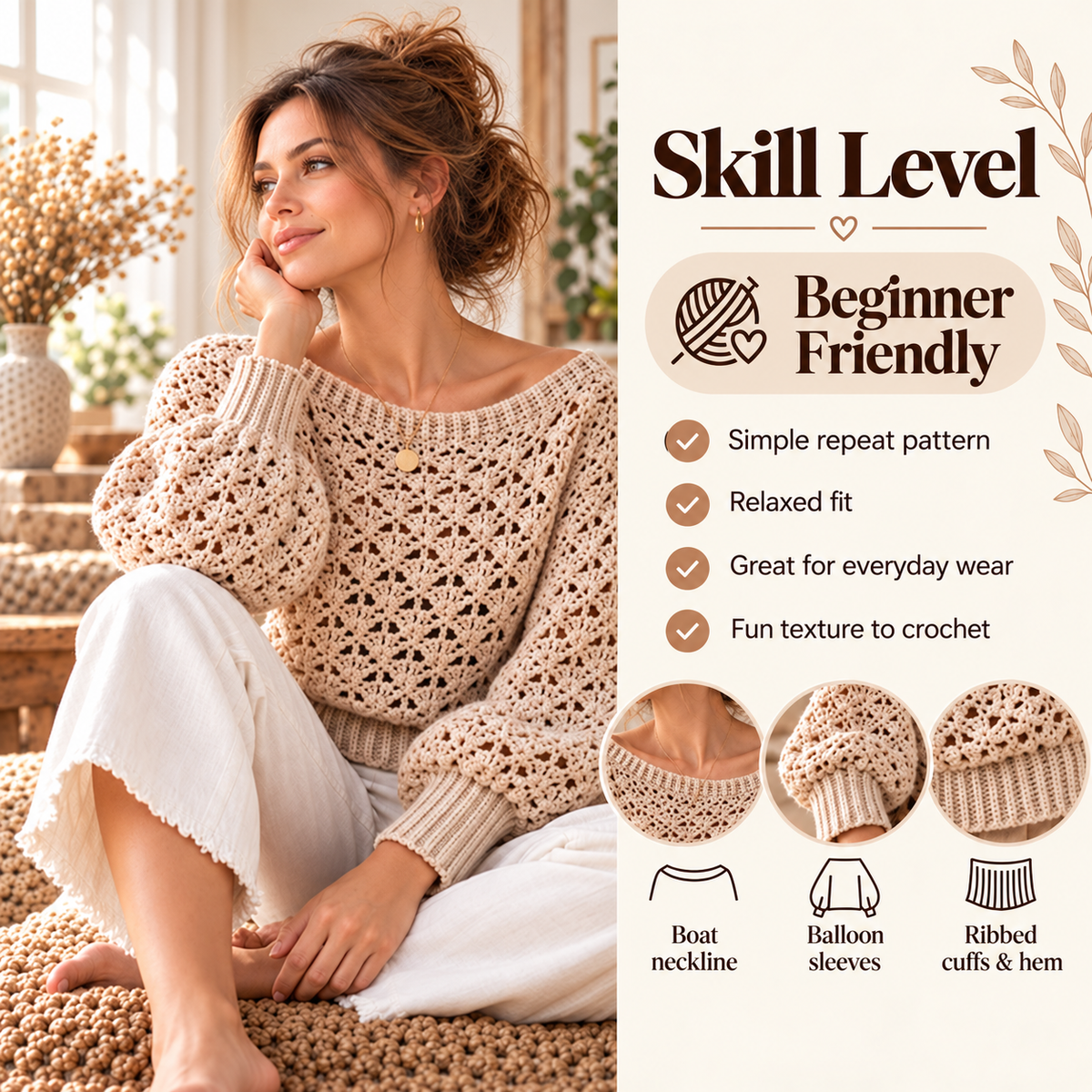 Lace Crochet Sweater Pattern PDF – Openwork Pullover XS–5XL
