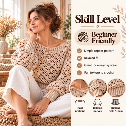 Lace Crochet Sweater Pattern PDF – Openwork Pullover XS–5XL