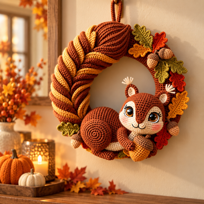 Squirrel Wreath Crochet Pattern PDF – Woodland Fall Wreath with Acorns