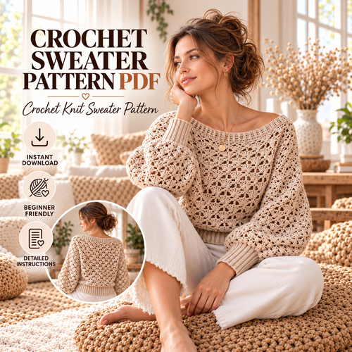 Lace Crochet Sweater Pattern PDF – Openwork Pullover XS–5XL