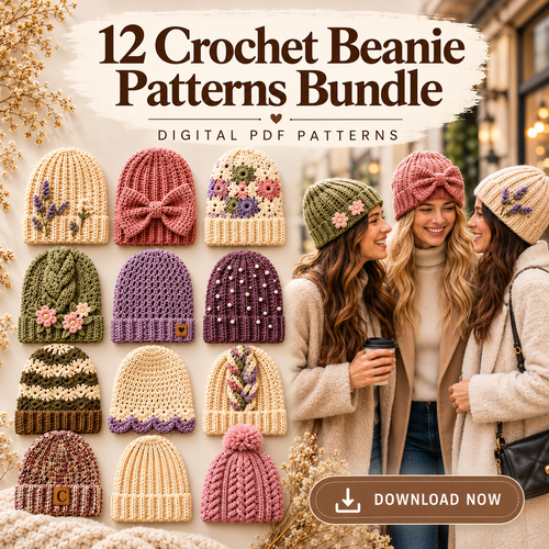 12 Crochet Beanie Patterns Bundle PDF – Chunky, Ribbed, Floral & Bow Hats