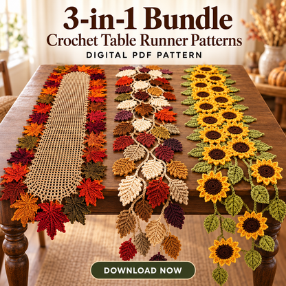 3-in-1 Crochet Table Runner Pattern Bundle PDF – Fall Leaves & Sunflowers