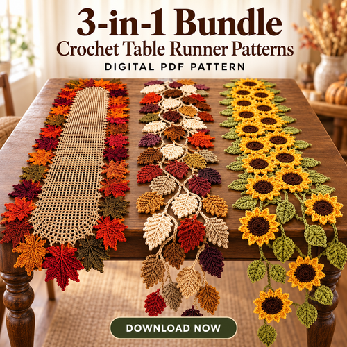 3-in-1 Crochet Table Runner Pattern Bundle PDF – Fall Leaves & Sunflowers