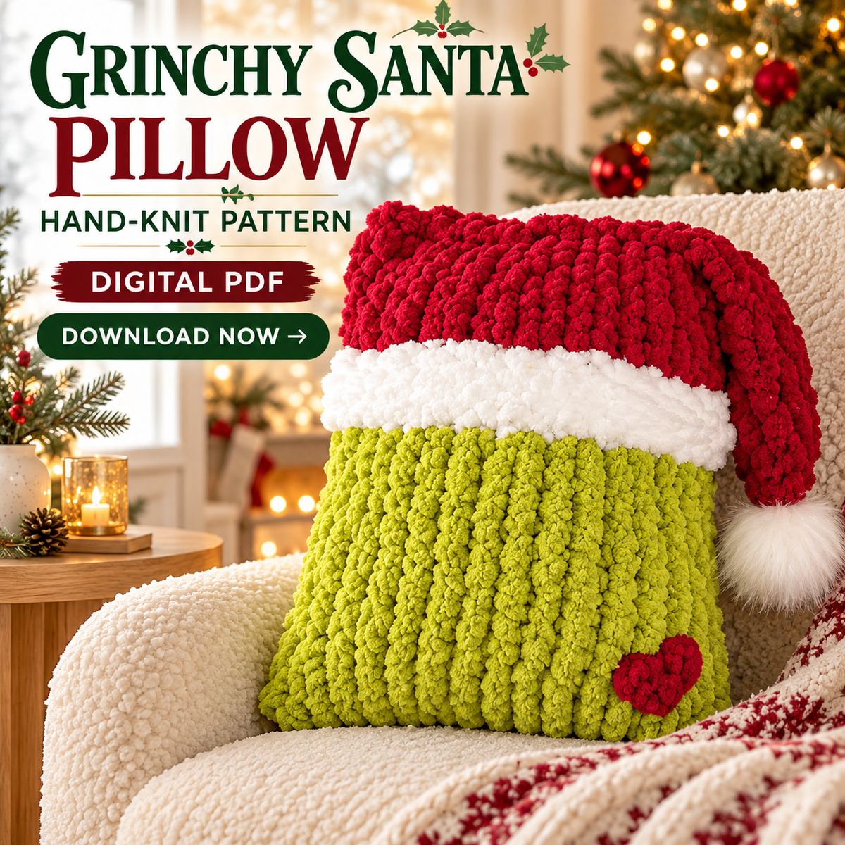 Grinch Christmas Pillow Pattern PDF – Chunky Hand Knit Santa Pillow