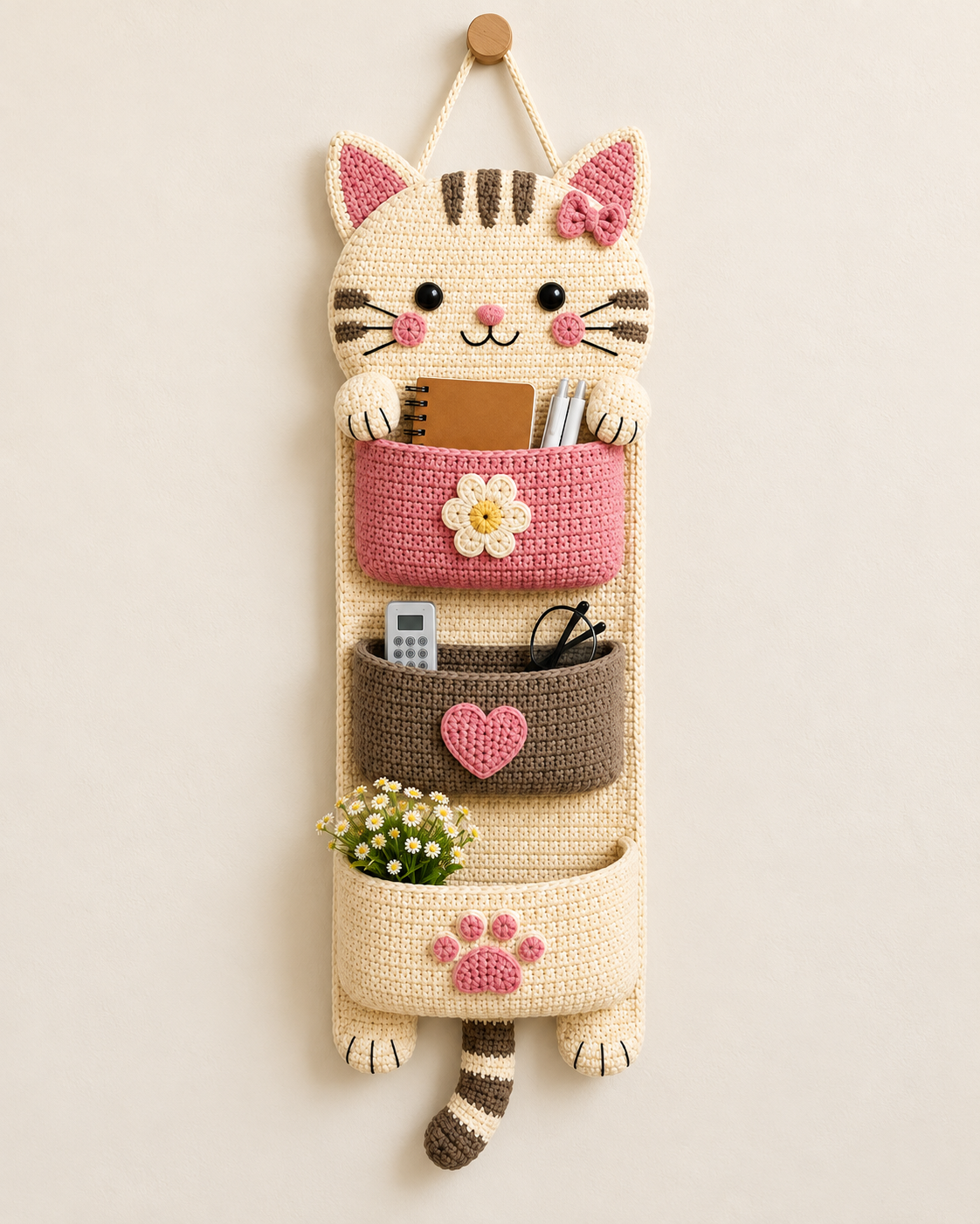 Crochet Cat Wall Organizer Pattern PDF – Kawaii Hanging Storage