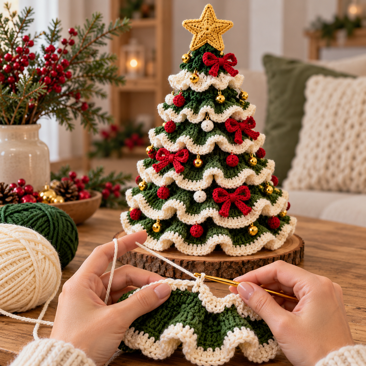 Ruffled Crochet Christmas Tree Pattern PDF – Layered Holiday Table Decor