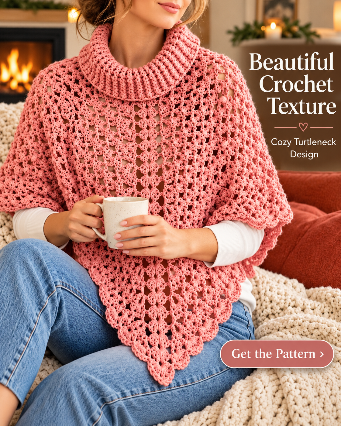 Crochet Turtleneck Poncho Pattern PDF – Lace Poncho for Women