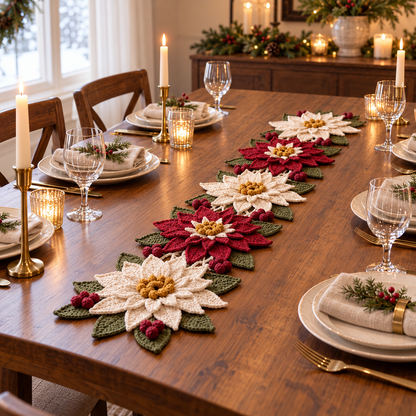 Poinsettia Table Runner Crochet Pattern – Christmas Floral Centerpiece PDF