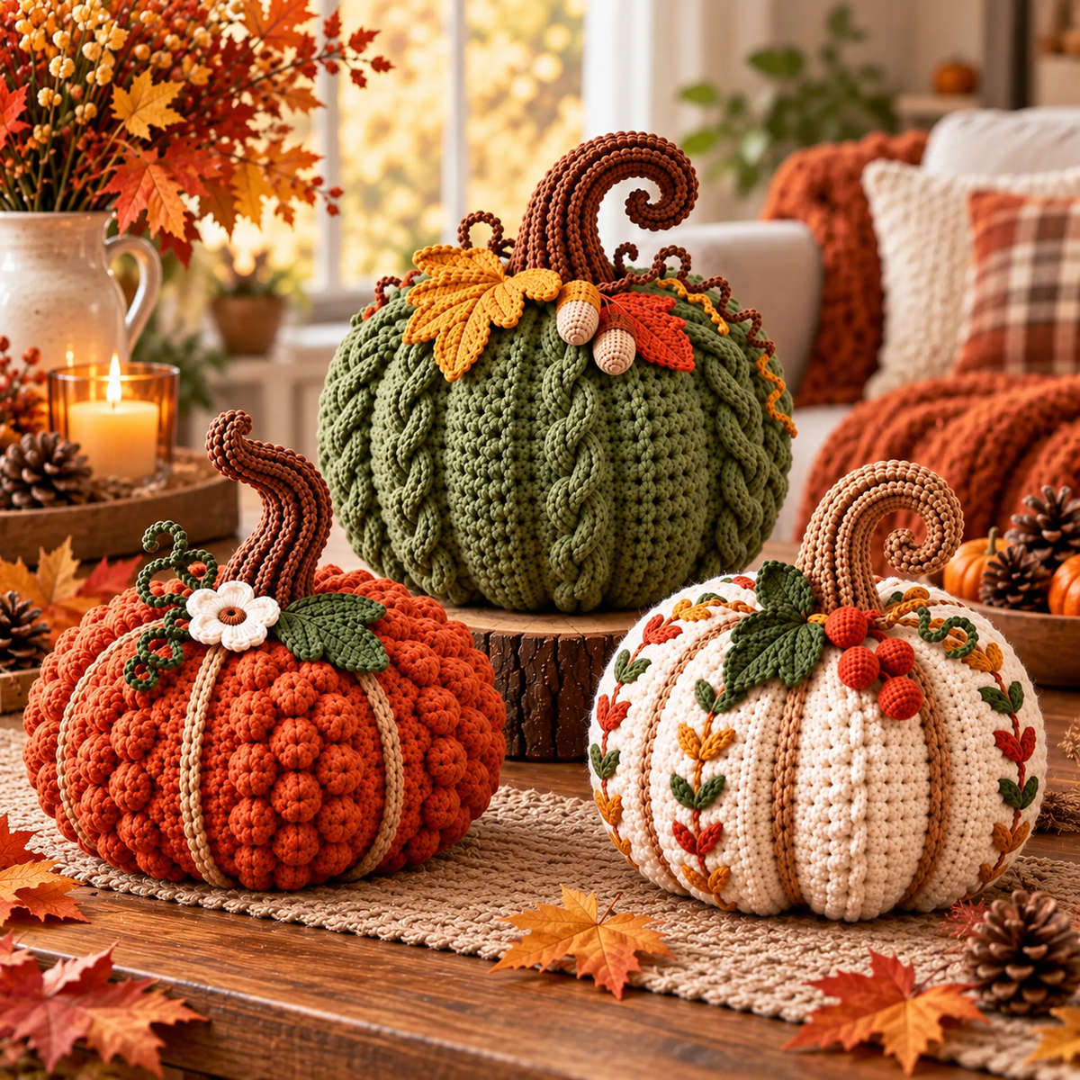 Crochet Pumpkin Trio Pattern PDF – 3 Textured Fall Pumpkins with Bobbles & Cables