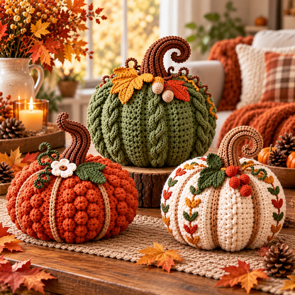 Crochet Pumpkin Trio Pattern PDF – 3 Textured Fall Pumpkins with Bobbles & Cables