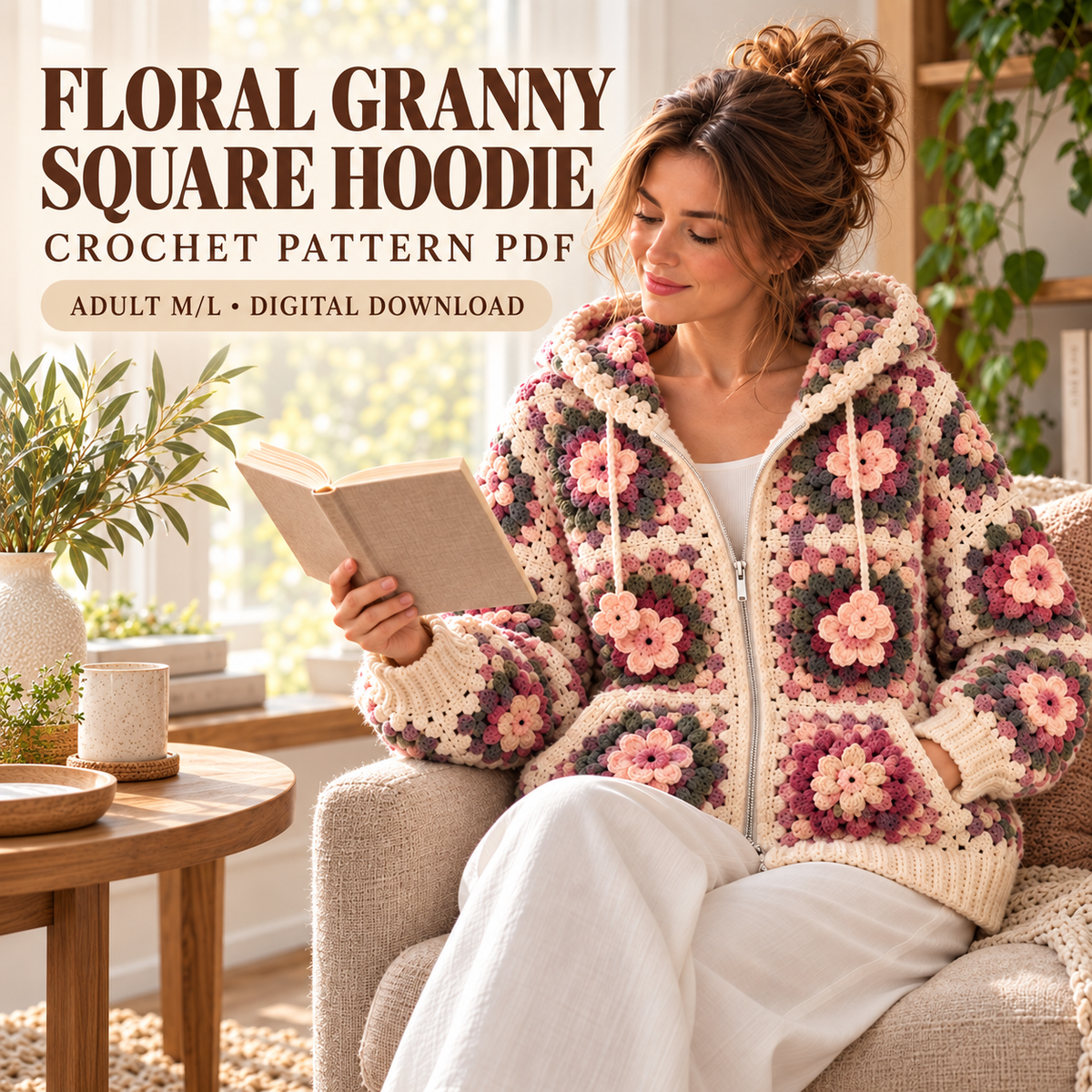 Floral Granny Square Hoodie Crochet Pattern PDF, 3D Flower Zip Up Cardigan, Adult M/L