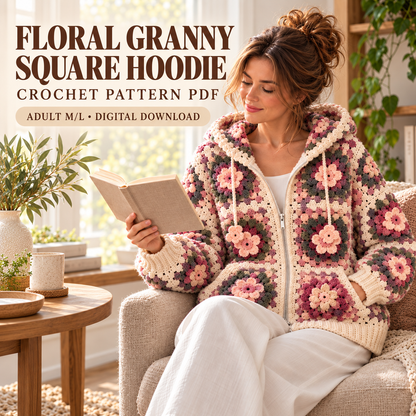 Floral Granny Square Hoodie Crochet Pattern PDF, 3D Flower Zip Up Cardigan, Adult M/L