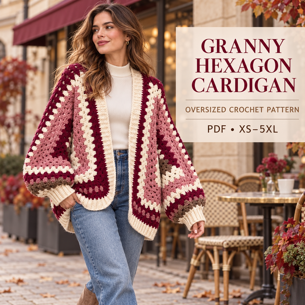 Oversized Hexi Cardigan Crochet Pattern, Granny Stitch Colour Block Sweater PDF, XS–5XL