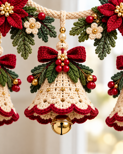 Christmas Bell Garland Crochet Pattern PDF – Poinsettia & Bows