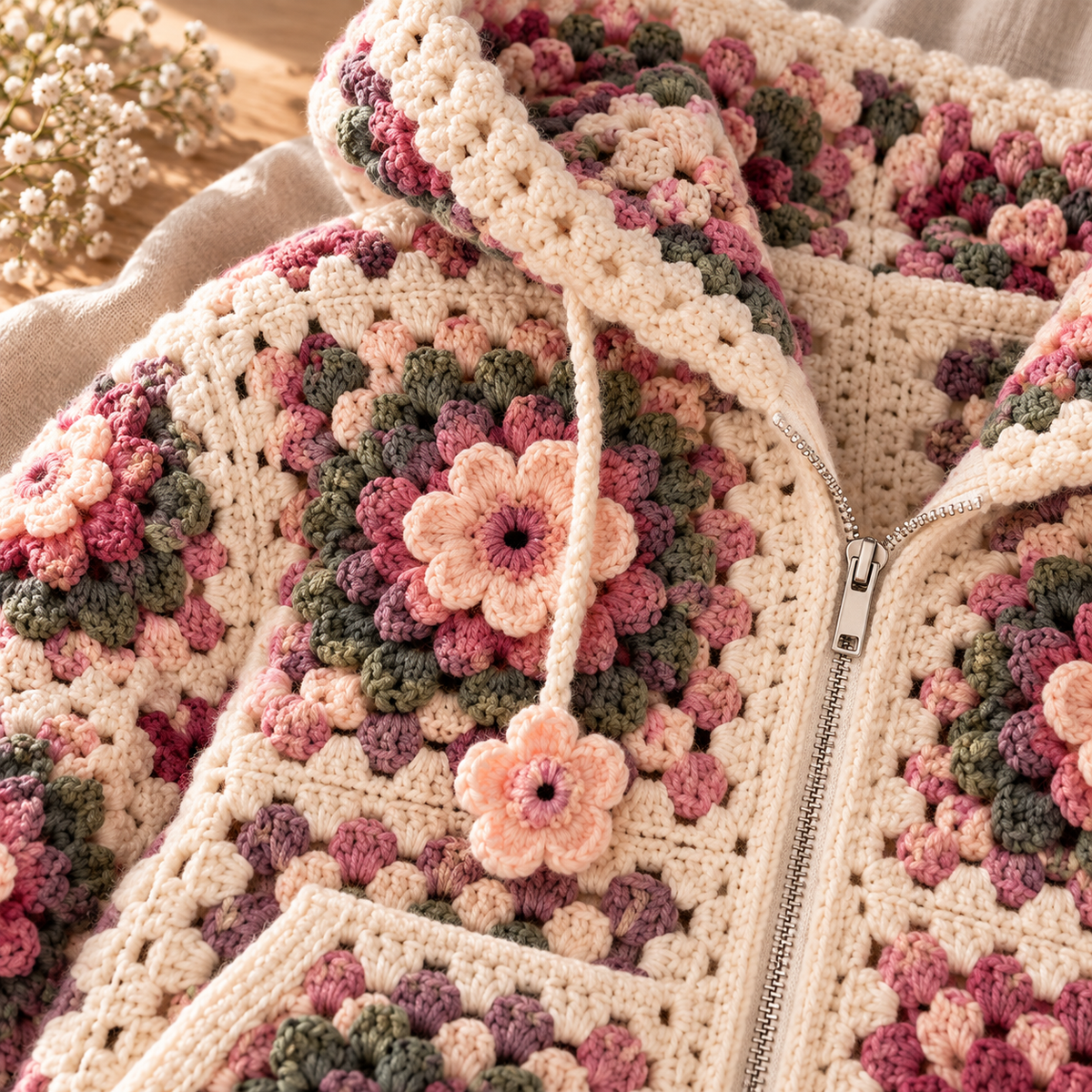 Floral Granny Square Hoodie Crochet Pattern PDF, 3D Flower Zip Up Cardigan, Adult M/L