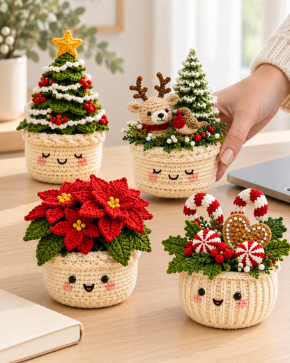 3 Christmas Crochet Pot Patterns PDF – Tree, Poinsettia & Reindeer
