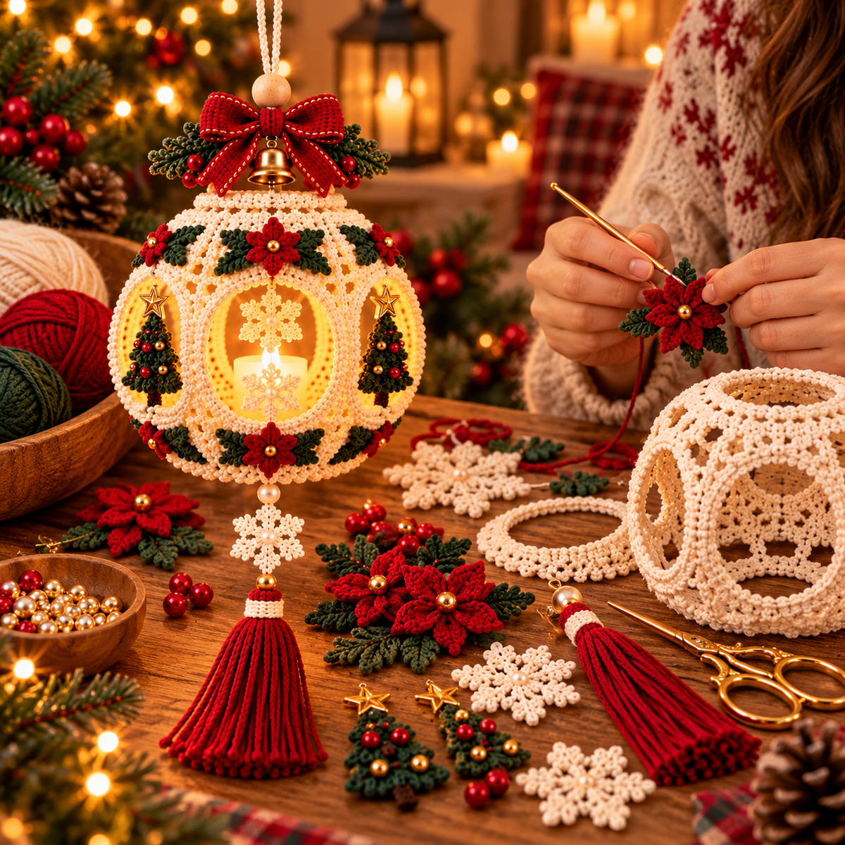 Crochet Christmas Lantern Pattern PDF – Light Up Hanging Holiday Decor