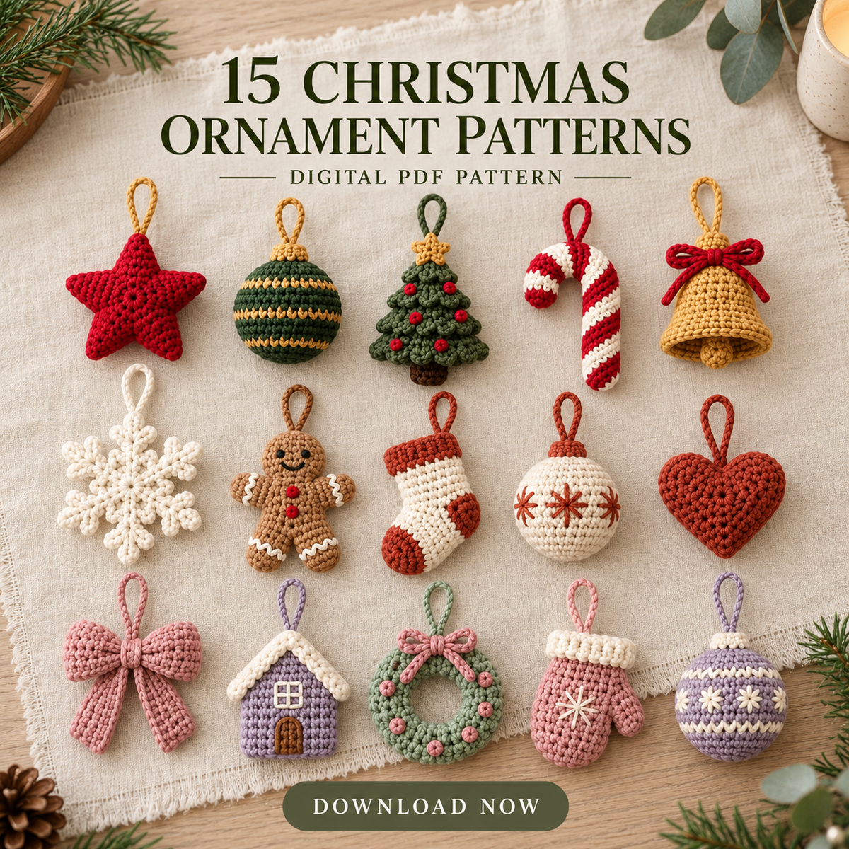 15 Christmas Crochet Ornament Patterns Bundle PDF – Amigurumi Tree Decor