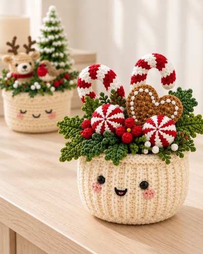 3 Christmas Crochet Pot Patterns PDF – Tree, Poinsettia & Reindeer