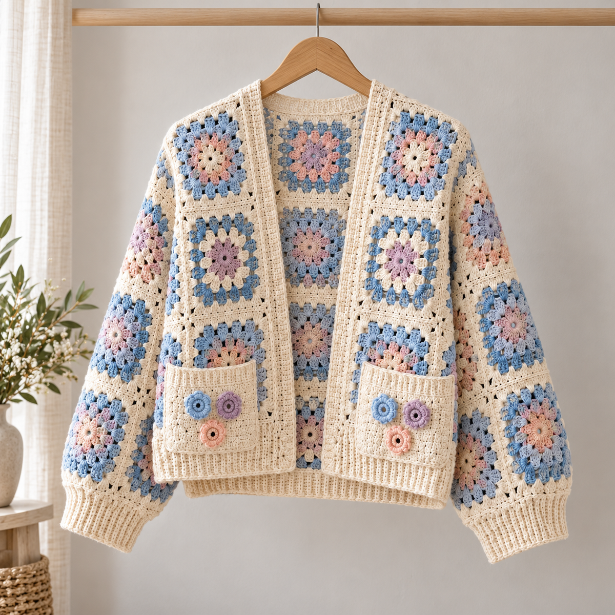 Floral Granny Square Cardigan Crochet Pattern PDF – Boho Flower Sweater