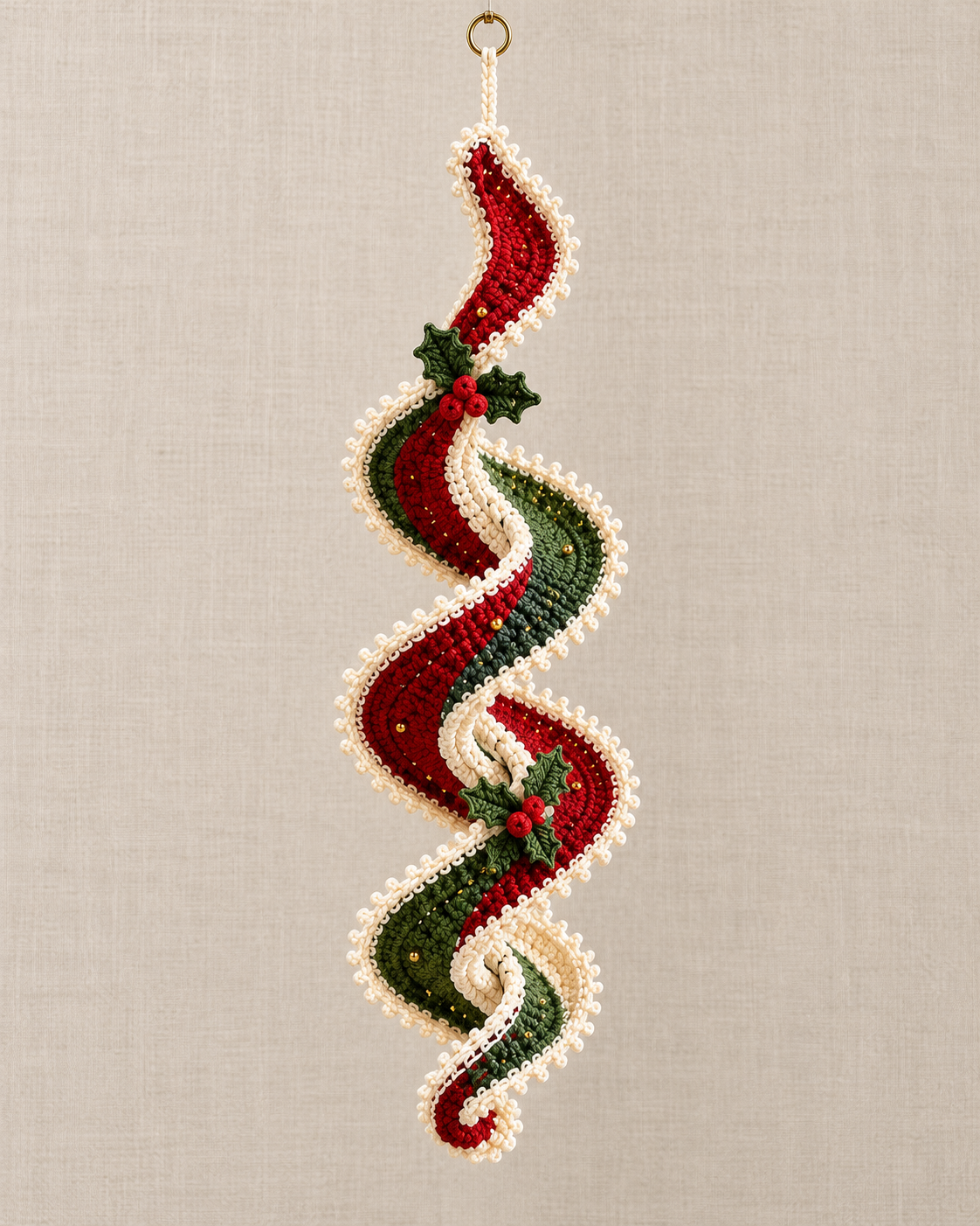 Christmas Crochet Spiral Wind Spinner Pattern PDF – Holly Ribbon Ornament