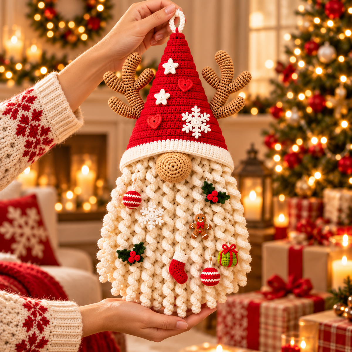 Christmas Gnome Door Hanger Crochet Pattern PDF – Santa Reindeer Gnome