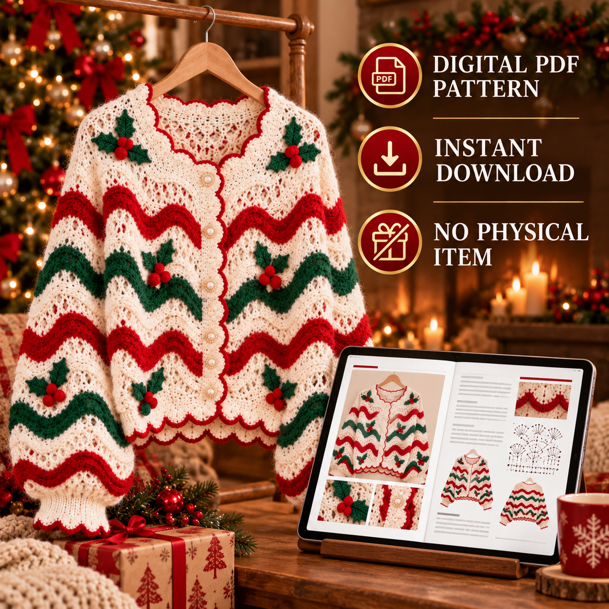 Christmas Cardigan Crochet Pattern PDF – Festive Holly Sweater