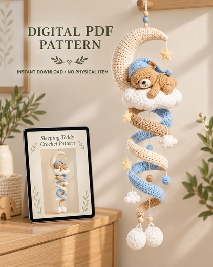 Sleeping Teddy Bear Moon Crochet Pattern PDF – Nursery Spiral Hanging