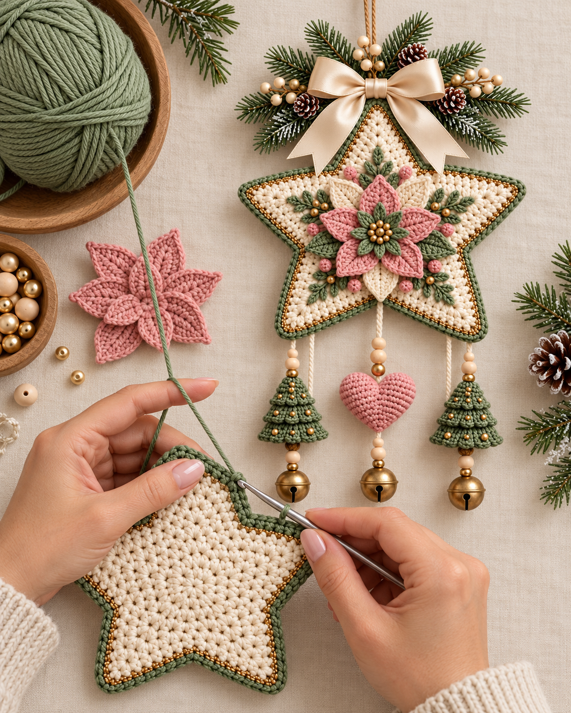 Crochet Christmas Star Door Hanging Pattern PDF – Poinsettia & Bells