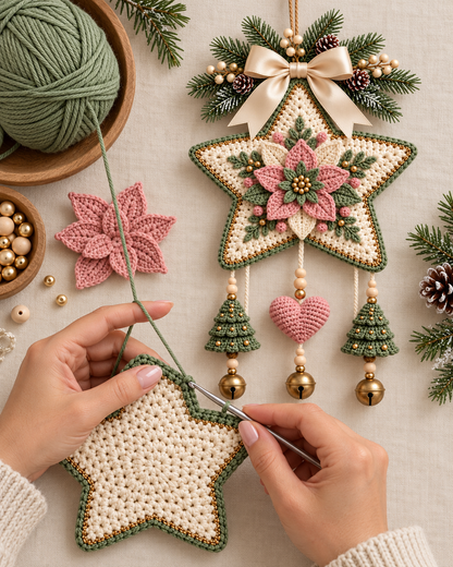 Crochet Christmas Star Door Hanging Pattern PDF – Poinsettia & Bells
