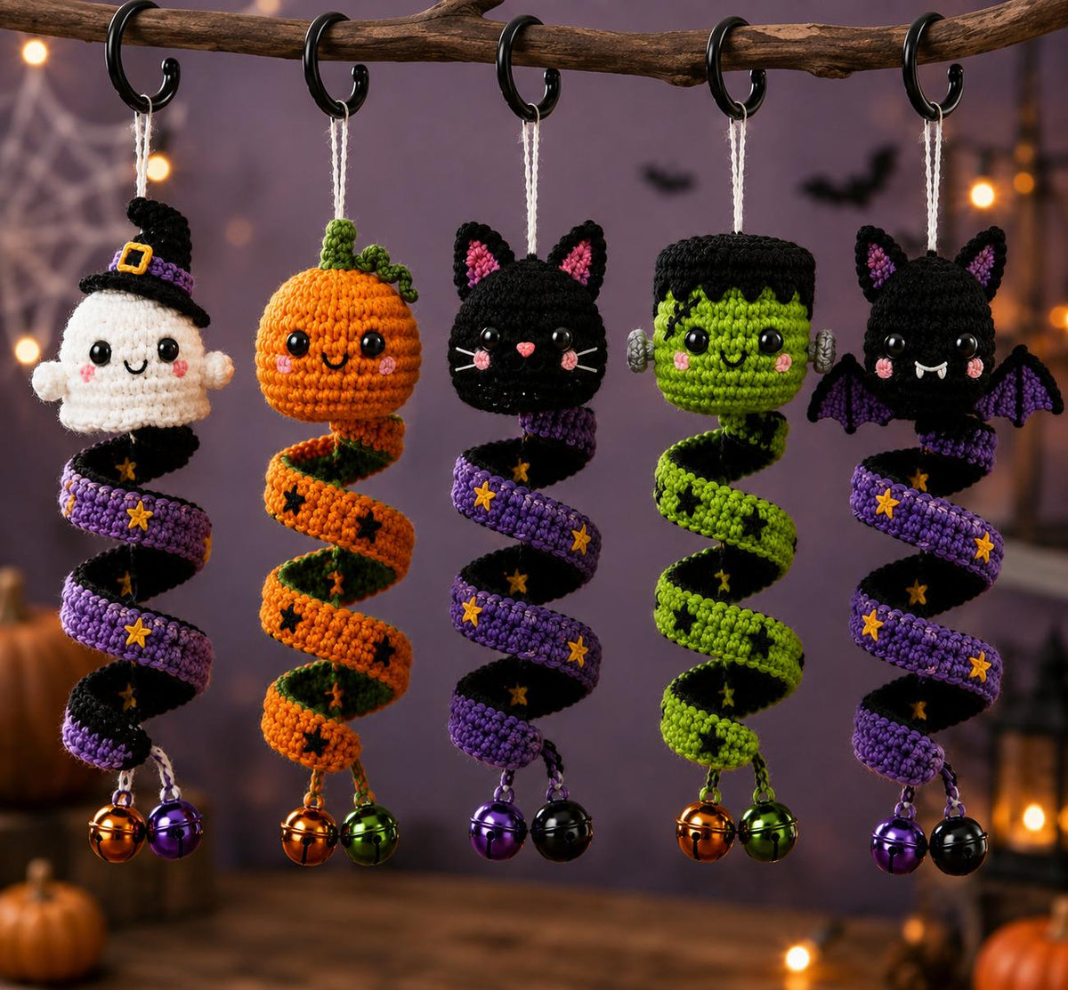 Halloween Wind Spinner Crochet Pattern Bundle PDF – 5 Spooky Amigurumi Hanging Ornaments, Ghost Pumpkin Cat Frankenstein Bat, Digital Download