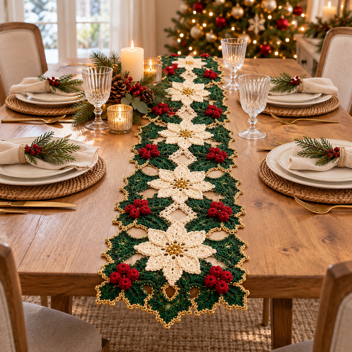 Christmas Crochet Table Runner Pattern PDF, Poinsettia Holiday Table Decor