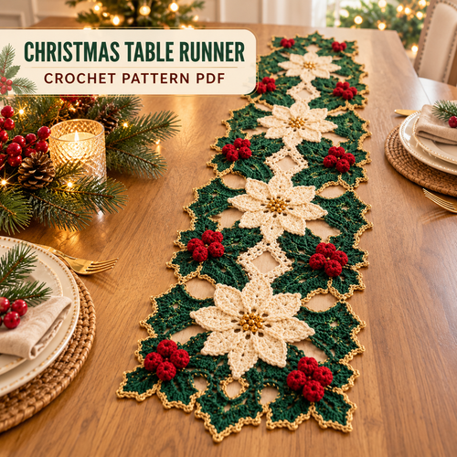 Christmas Crochet Table Runner Pattern PDF, Poinsettia Holiday Table Decor