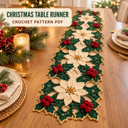 Christmas Crochet Table Runner Pattern PDF, Poinsettia Holiday Table Decor