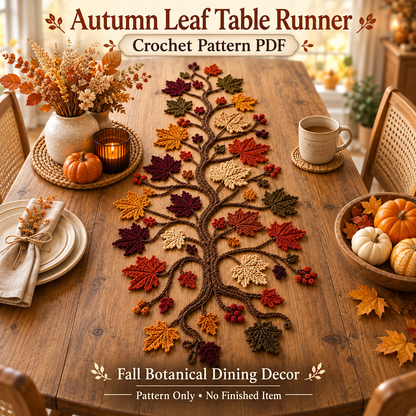 Autumn Leaf Table Runner Crochet Pattern PDF – Fall Botanical Dining Decor