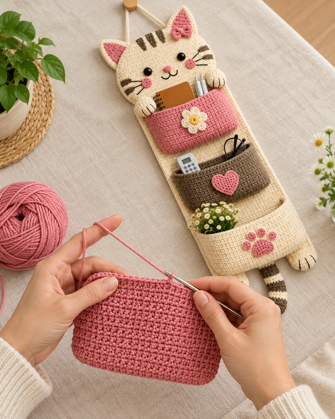 Crochet Cat Wall Organizer Pattern PDF – Kawaii Hanging Storage