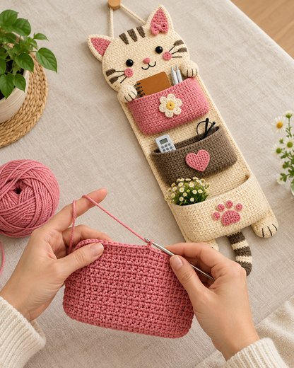 Crochet Cat Wall Organizer Pattern PDF – Kawaii Hanging Storage