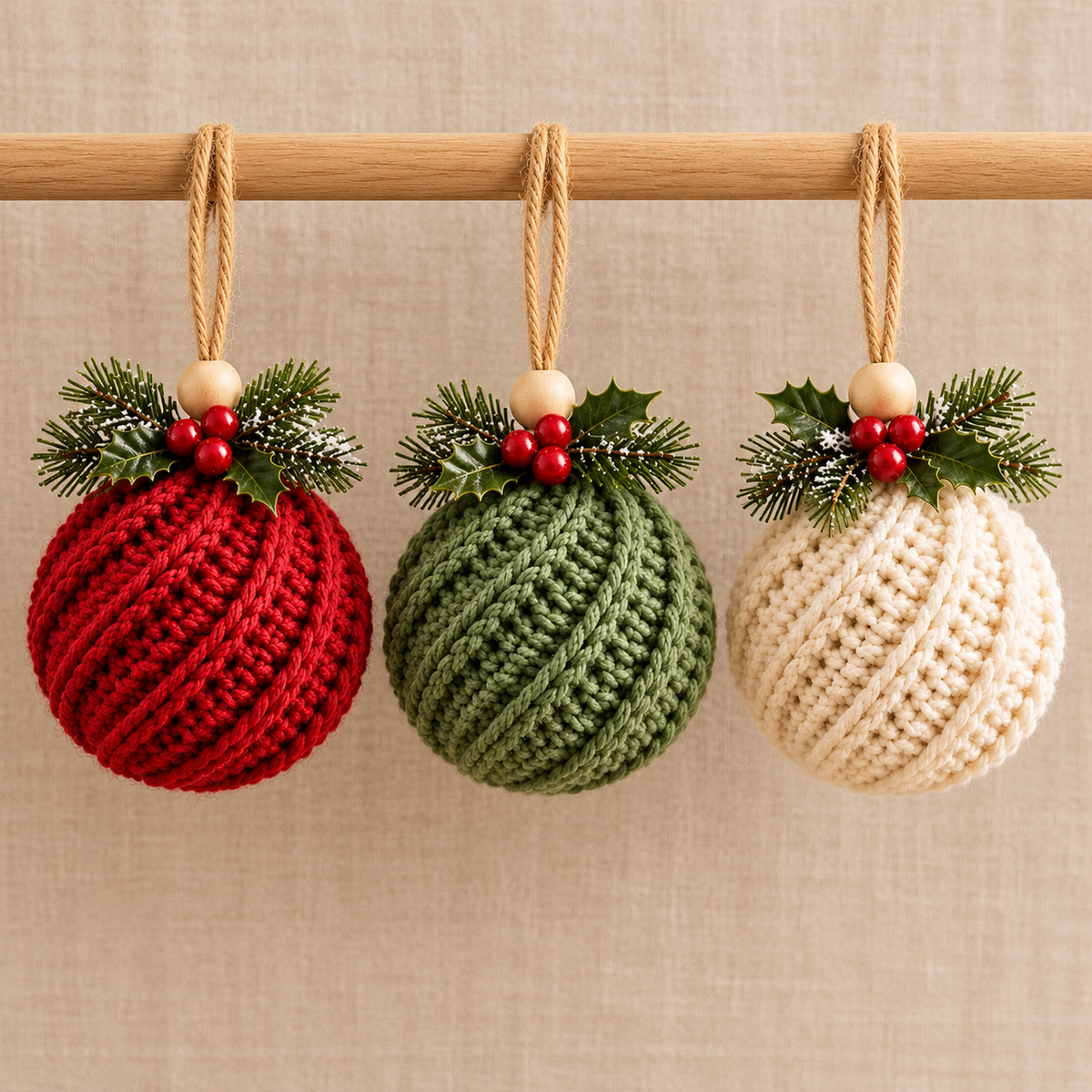 Crochet Christmas Ornament Pattern PDF, Twisted Rib Bauble, Wooden Bead & Linen Bow