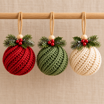Crochet Christmas Ornament Pattern PDF, Twisted Rib Bauble, Wooden Bead & Linen Bow