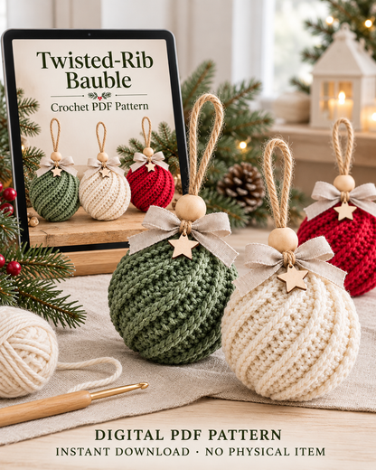 Crochet Christmas Bauble Pattern PDF – Twisted Rib Ornament with Bow