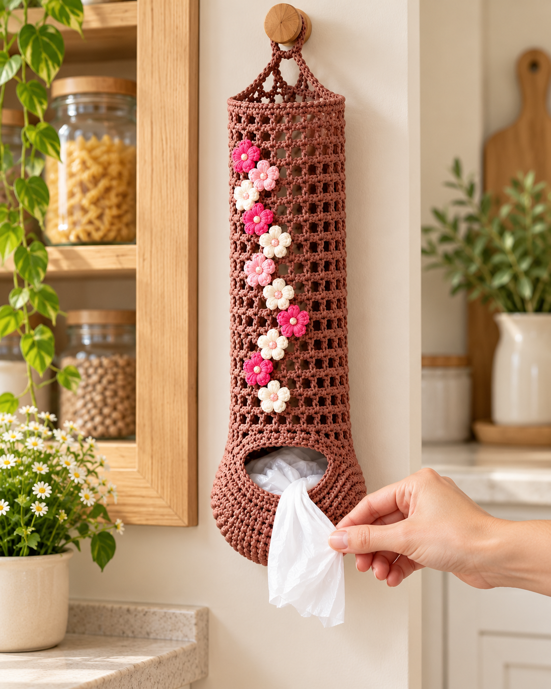 Crochet Plastic Bag Holder Pattern PDF – Floral Hanging Bag Dispenser