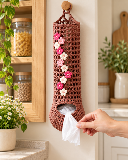 Crochet Plastic Bag Holder Pattern PDF – Floral Hanging Bag Dispenser