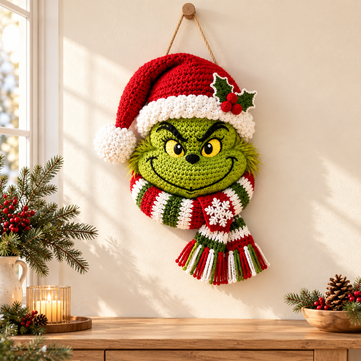 Grinch Crochet Pattern PDF – Christmas Door Wreath & Holiday Door Hanger