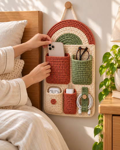 Crochet Wall Organizer Pattern PDF – 5 Pocket Bedside Storage