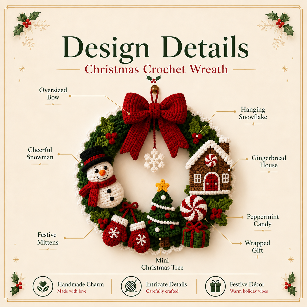 Christmas Crochet Wreath Pattern PDF – Snowman, Gingerbread House, Tree & Holiday Door Decor
