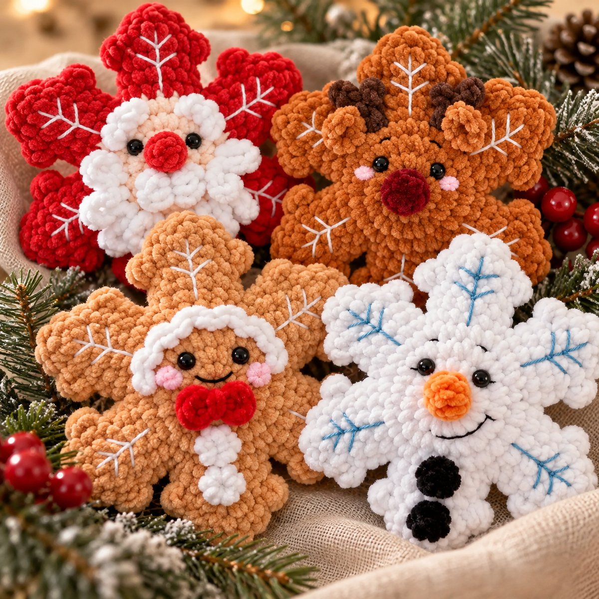No Sew Crochet Snowflake Pattern PDF, Christmas Amigurumi Santa Reindeer Snowman Gingerbread