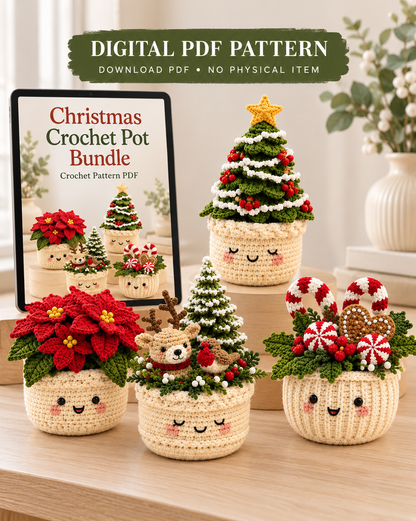 3 Christmas Crochet Pot Patterns PDF – Tree, Poinsettia & Reindeer