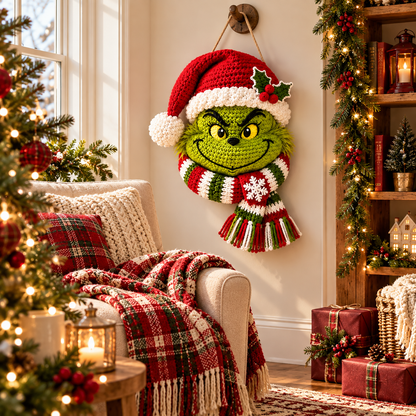 Grinch Crochet Pattern PDF – Christmas Door Wreath & Holiday Door Hanger