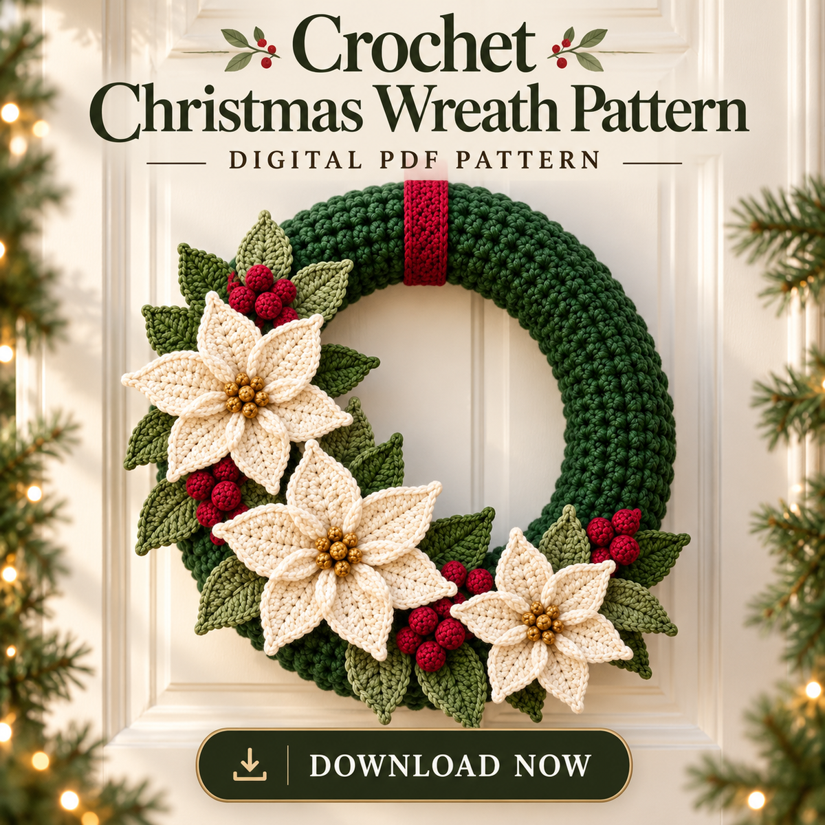 Crochet Christmas Wreath Pattern PDF – Poinsettia & Berry Wreath